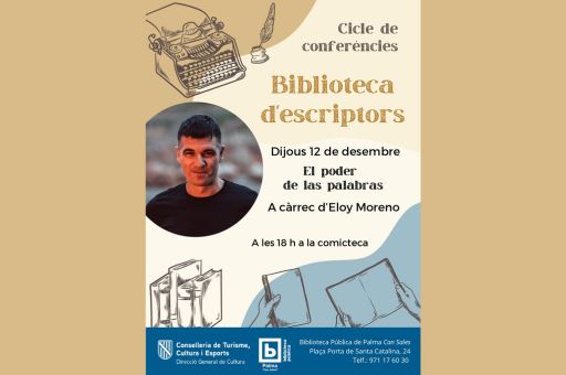 Writer Eloy Moreno, author of the well-known novels Invisible, El bolígrafo de hielo Verde, El regalo, and Redes, will participate in the Biblioteca de Escritores (Writers’ Library) lecture series at the Biblioteca Pública de Palma “Can Sales” (Palma Public Library).